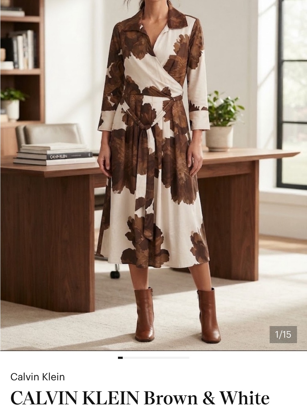 Calvin Klein Brown & White Floral Wrap Midi Dress with Tie Waist
